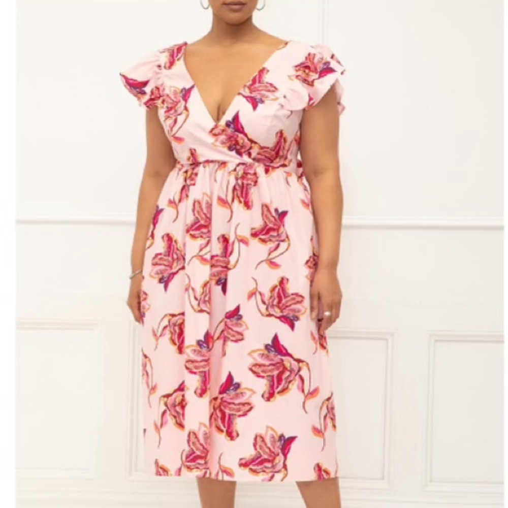 ELOQUI - pink wrap dress, with bow tie back